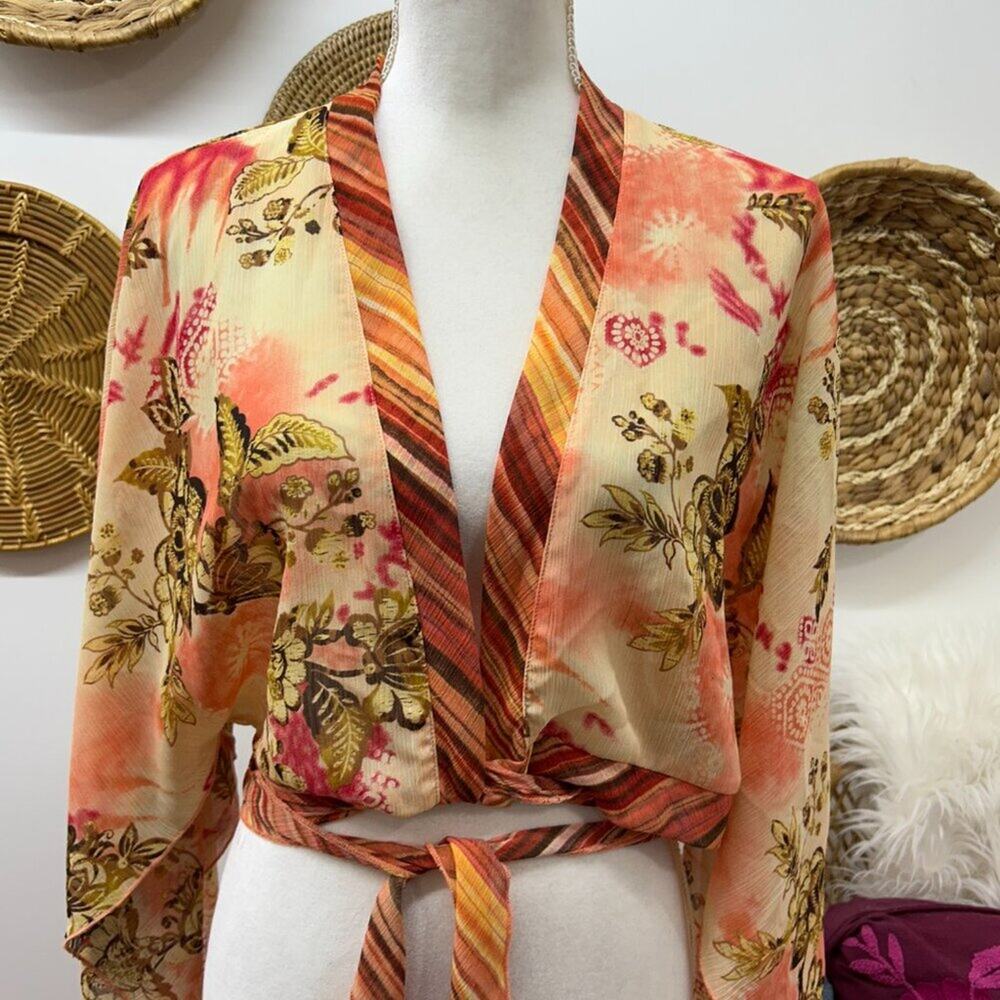 Vintage Y2K 2000s Mix It Floral Wrap Tie Flowy Cropped Blouse Crop Top Large - Picture 5 of 8